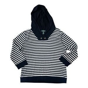 Ralph Lauren Hooded Cotton Knit Pullover, Women's‎ Large, White & Black Striped.